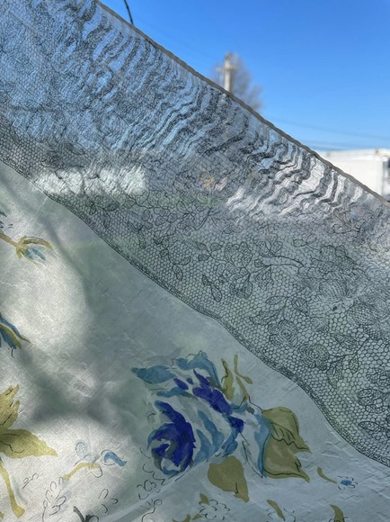Vintage 1940s Silk Floral Large Square Scarf Wrap Blue Gray Lace Detail AS IS - Picture 5 of 12